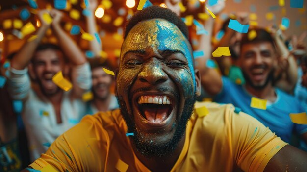 Photo man in yellow with blue paint shouting in joy at an event