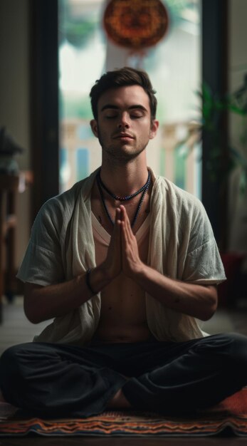 Фото Человек йога и медитация для мира целостное мышление и исцеление с внимательностью для веры мужчина