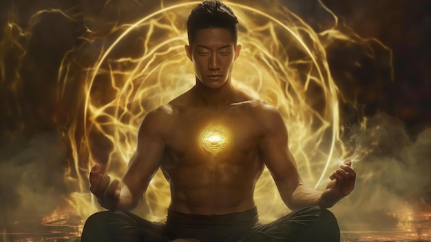 a man in a yoga pose with a circle of light in the middle