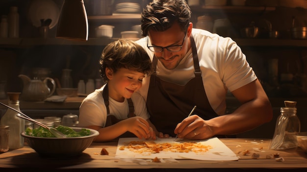 A man and young boy happily cook together in a bright kitchen surrounded by pots and pans