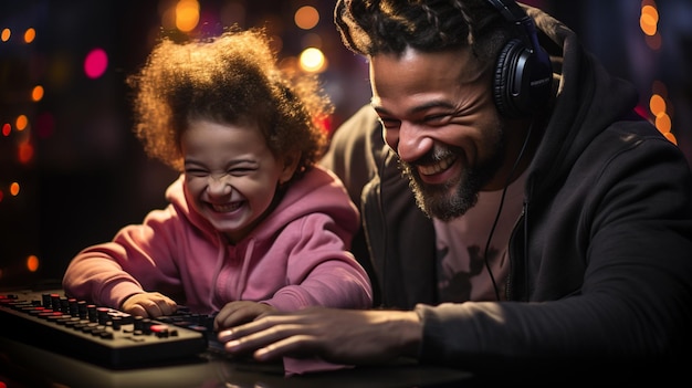 Man and young girl are sitting together at computer