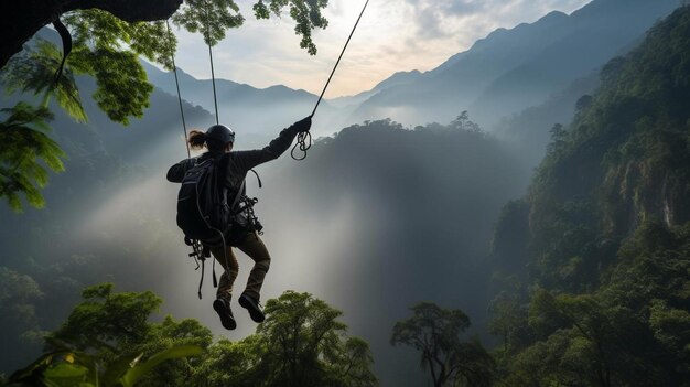 a man on a zipline high in the air