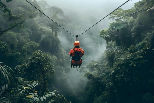 Man ziplines through lush Costa Rican rainforest Concept Travel Adventure Costa Rica Ziplining Rainforest