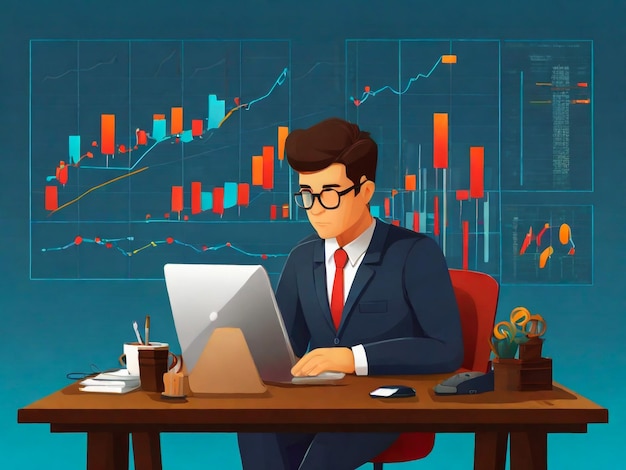 Man zit aan een bureau met computers in het kantoor. Beurshandelaar of makelaar kijkt naar meerdere schermen met financiële en marktdiagrammen. Platte vectorillustratie.