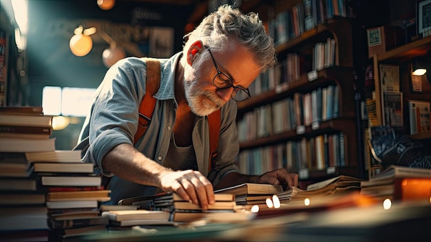 Foto man zit aan tafel, omringd door boeken, studeert, leest, leert, onderwijs, kennis, wereldboekdag