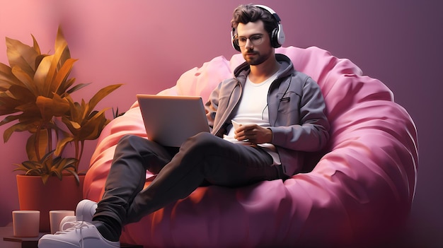 Man zit met laptop op een bean bag stoel Concept voor thuiswerk freelance afstandswerk