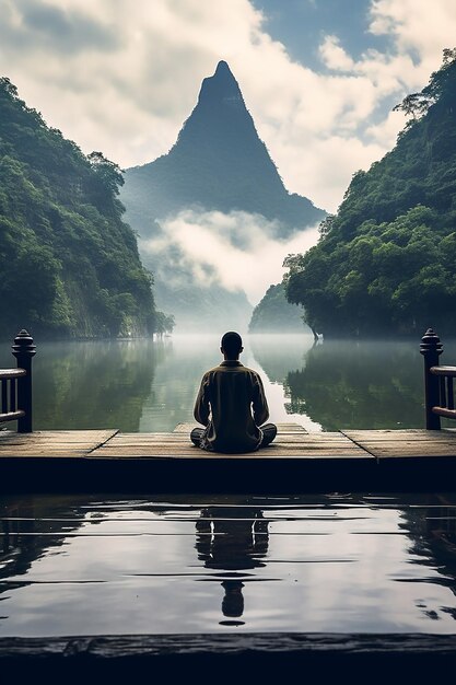 Man zit op de kade in het meer meditatie in guangxi china in de stijl van cinematografische view