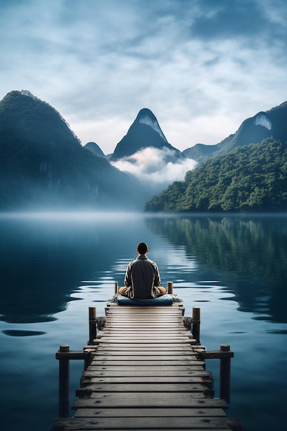 man zit op de kade in het meer meditatie in guangxi china in de stijl van cinematografische view