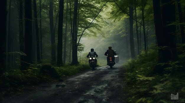 Man zit op de motorfiets in het bos.