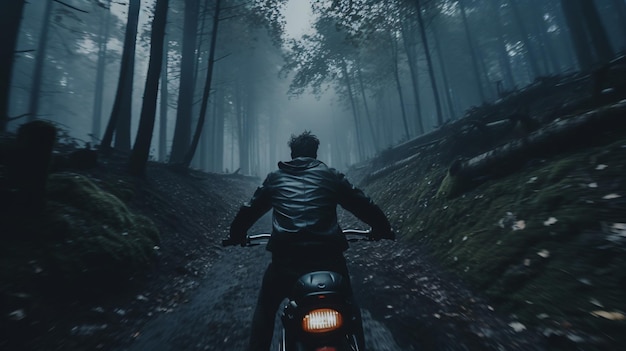 Man zit op de motorfiets op de bosweg