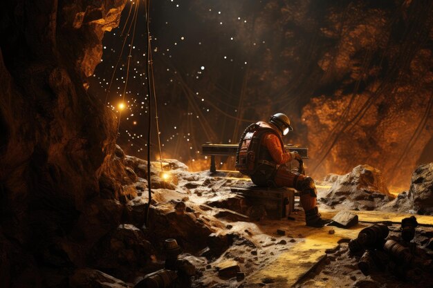 Man zit op een bankje in een grot en kijkt naar het licht mijnbouw goud AI gegenereerd