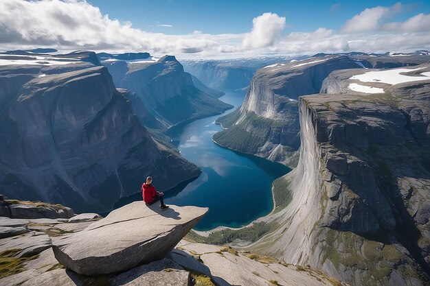 Foto man zit op trolltunga in noorwegen