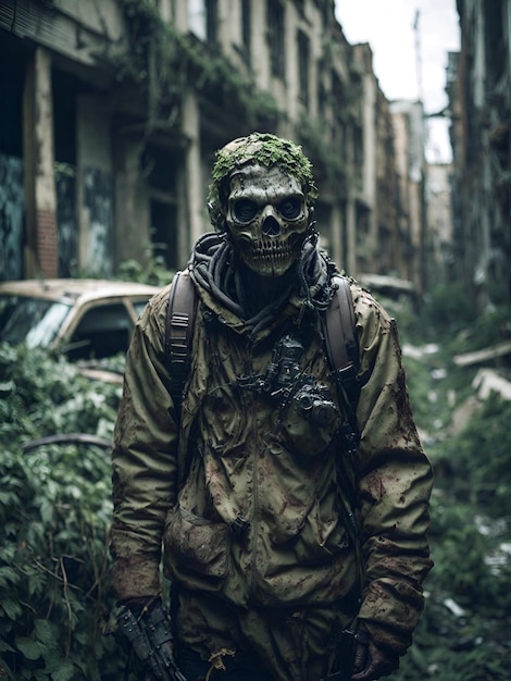 Foto un uomo con una maschera di zombie si trova in una città abbandonata