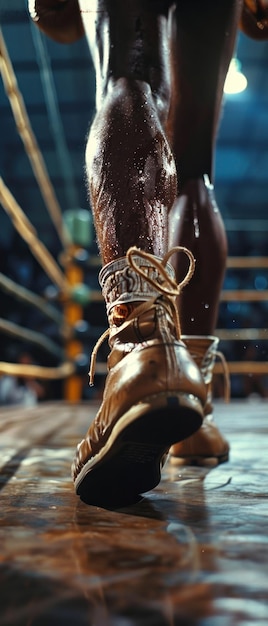 Ноги мужчины мокрые, и он носит боксерские туфли. Концепция решимости и сосредоточенности как мужчина.