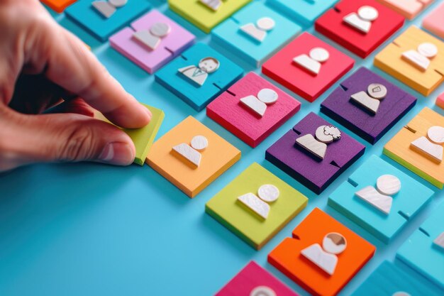 Foto la mano di un uomo che tiene un puzzle di tangram quadrato su un tavolo di legno