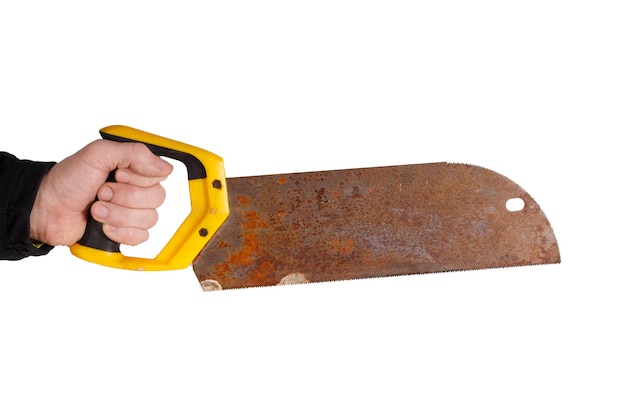 A man39s hand holds an old rusty saw isolated on a white background