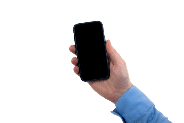 Man39s hand with shirt holding smartphone studio shot white background