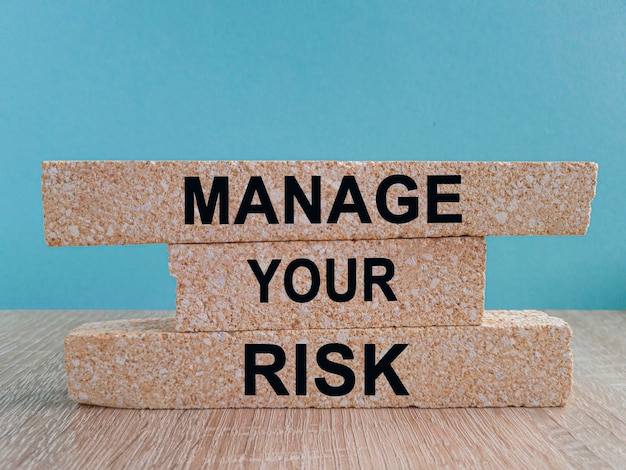 Photo manage your risk symbol concept word manage your risk on brick blocks beautiful blue background