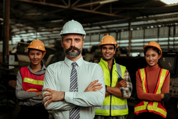 Manager eigenaar van Fabriek met werk- en personeelsportret in fabriek