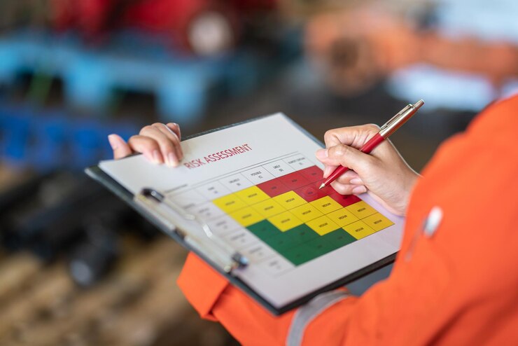 Photo the manager is using ballpoint pen to marking on the risk assessment matrix at high risk level