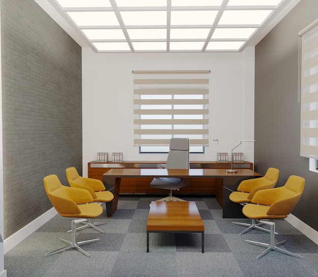 Foto manager room design con sedia arancione e tavolo, rendering 3d