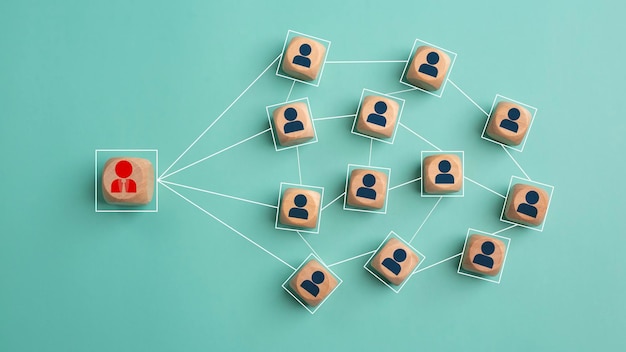 Manager and staff icon print screen on wooden cube block with connection link network for organization structure in company social network and teamwork concept