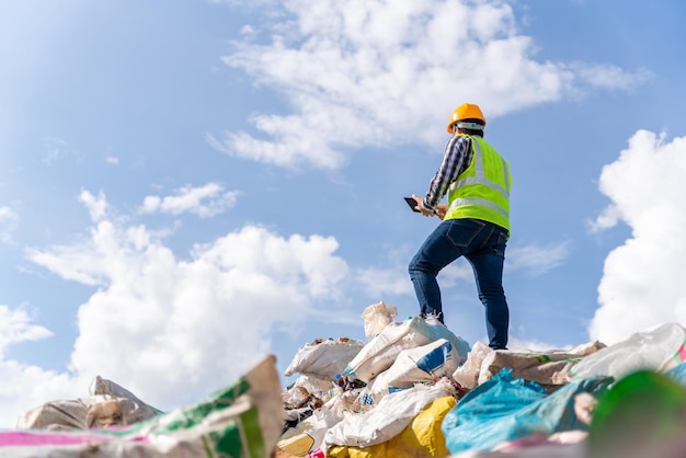 A manager stands holding a tablet on top of the recycling bin at recycling plant Recycle waste business concept