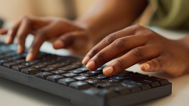 Manager typing data report on computer, using keyboard to create online network and send professional email. Woman checking company sales and doing accounting work at home. Close up. Handheld shot.