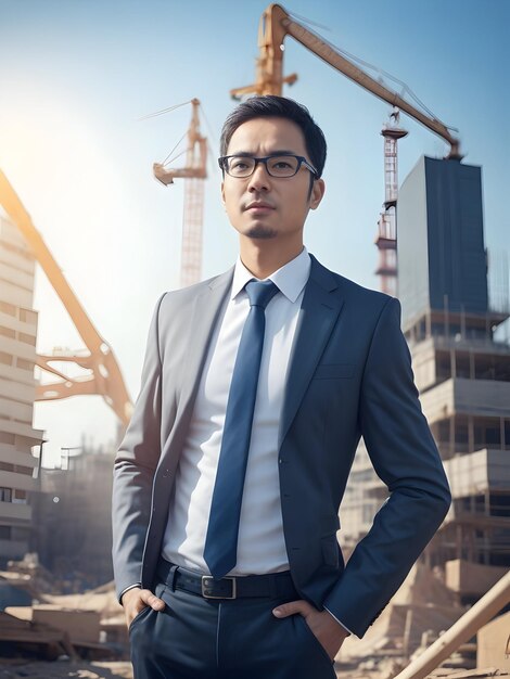 manager with a determined expression standing in a bustling construction generated ai