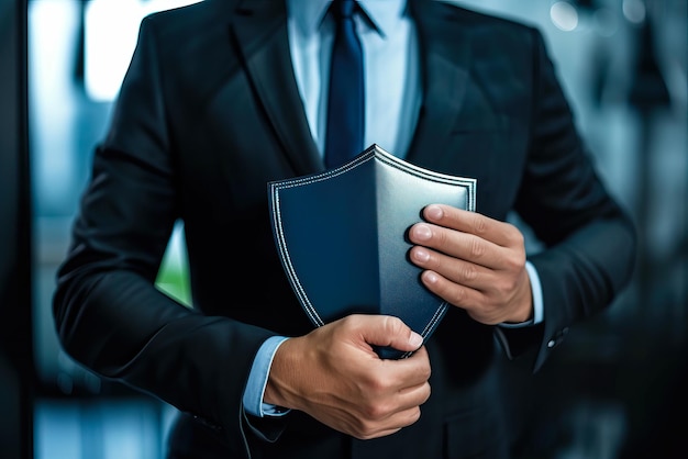 Foto manager con guardia scudo protegge l'impresa gestione del rischio economica concetto di gestione delle crisi finanziarie