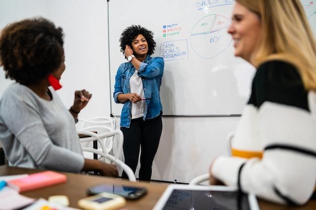 Manager woman leading a brainstorming meeting.