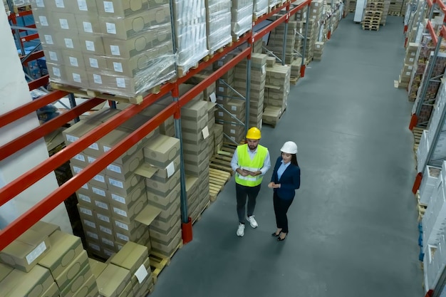Manager and worker at warehouse above view Logistics center