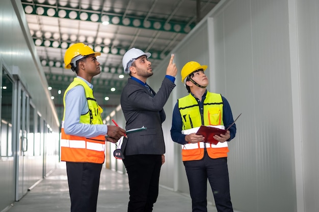 Managerbespreking met arbeidersteam voor het bouwen van fabrieksproject