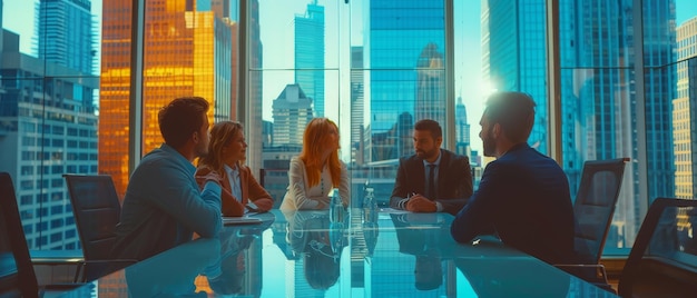 現代大都市のオフィスで働くマネージャー同僚が新しいビジネスの機会に取り組んでいます将来への投資についてマネジメントミーティングが行われています