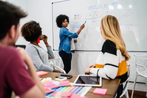 Managervrouw die een brainstormvergadering leiden.