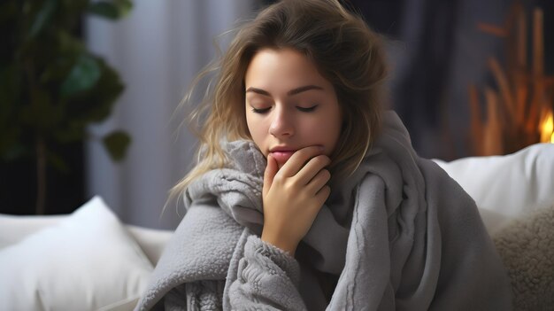 Foto suggerimenti per le giovani donne a letto per gestire i sintomi del raffreddore