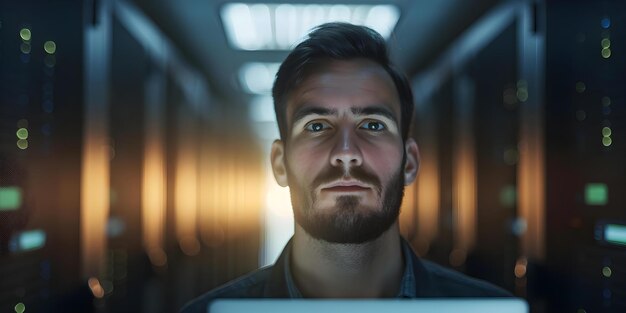 managing data center operations telecom engineer with laptop in server room concept data center management telecom engineering it operations server room setup laptop networking