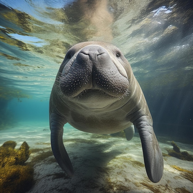 Manatee sniffing the camera face portrait