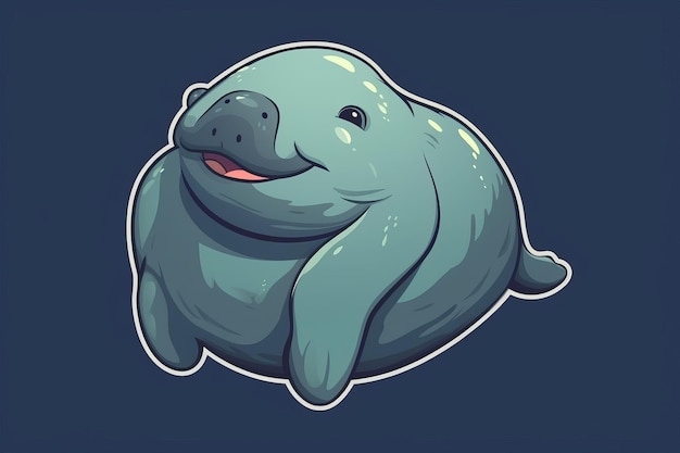 A manatee with a blue background and a smiling face.