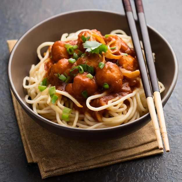 Manchurian Hakka or Shazwan noodles popular Indochinese food served in a bowl with chopstic