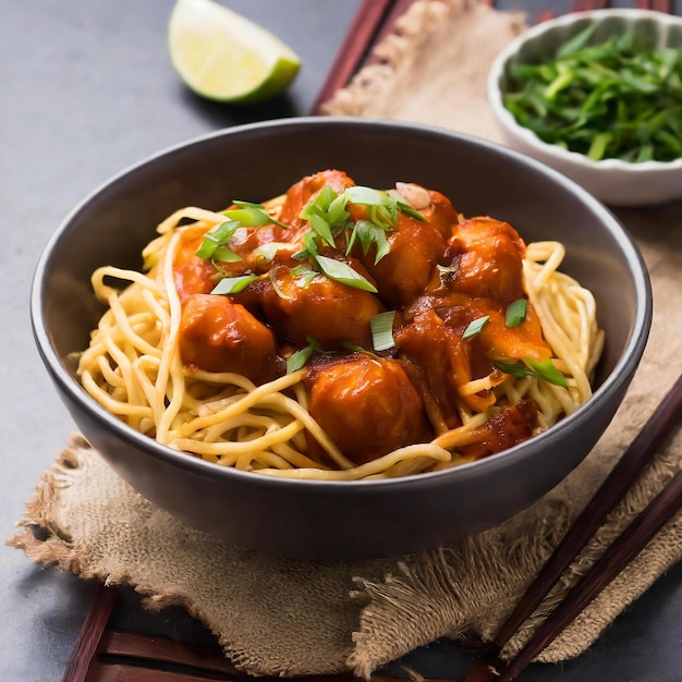 Manchurian Hakka or Shazwan noodles popular Indochinese food served in a bowl with chopstic