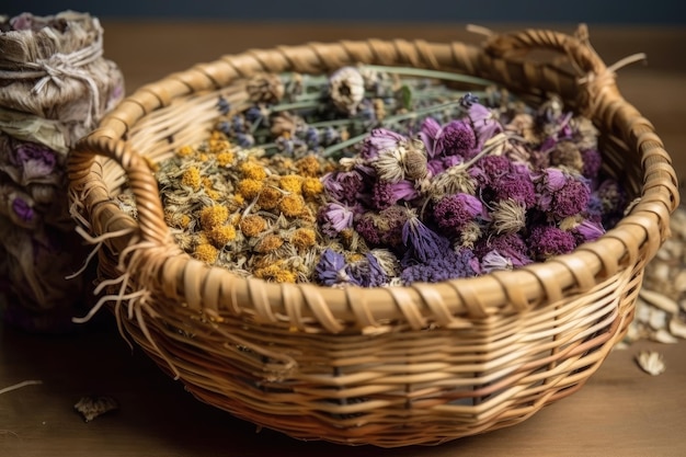 Mand gevuld met gedroogde bloemen en kruiden voor thee of koken