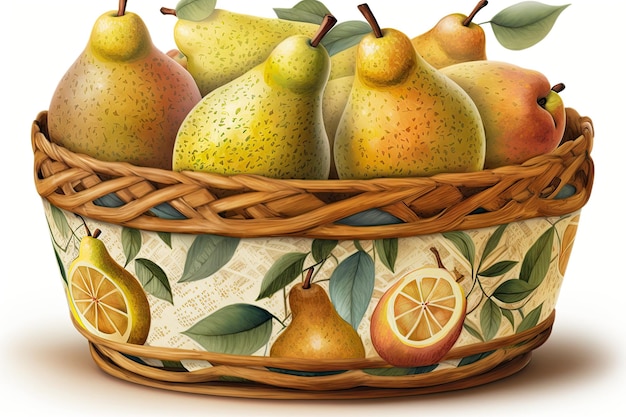 mand gevuld met rijpe peren en sinaasappels in een levendig schilderij Generatieve AI