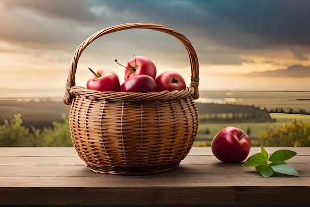 Mand met appels op een tafel met een zonsondergang op de achtergrond