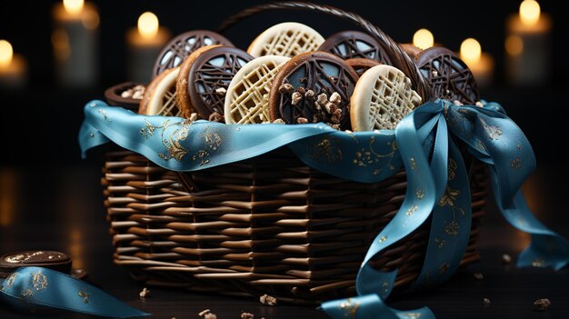 mand met chocolade en koekjes op houten tafel tegen donkere achtergrond kerst wenskaart generatieve ai