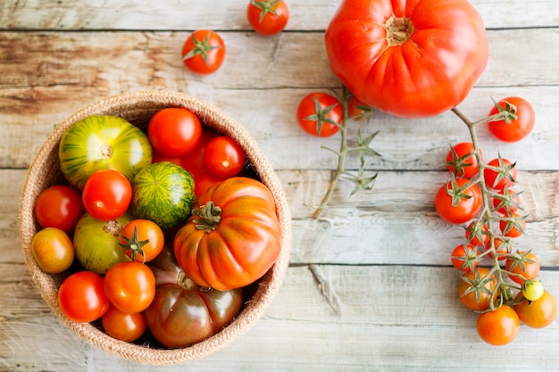 Mand met een verscheidenheid aan tomaten, waaronder: Cherry, Heirloom en Zebra