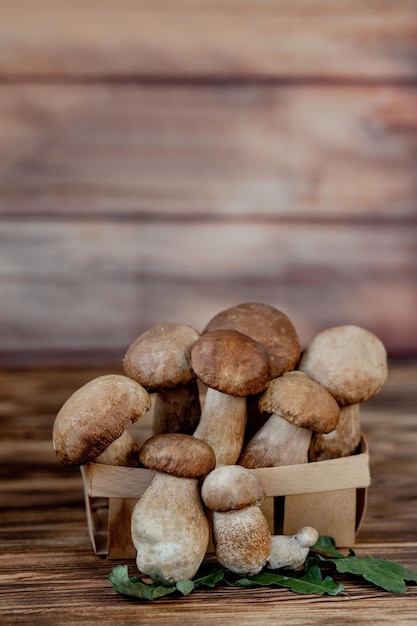 Mand met eetbare paddenstoelen boleet en boletus rustieke houten achtergrond selectieve focus getinte afbeelding