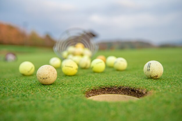 Mand met golfuitrusting op groene golfbaan