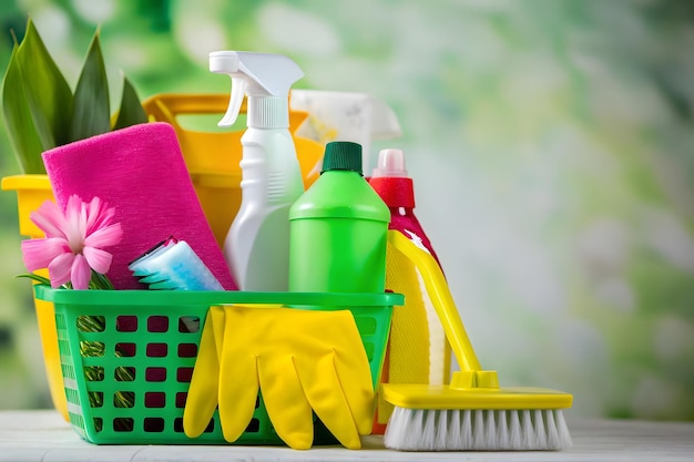 mand met reinigingsgereedschappen en -producten op een wazige achtergrond in de natuur voorjaarsreinigingsconcept voor eco-natuurlijke reinigingsproducten