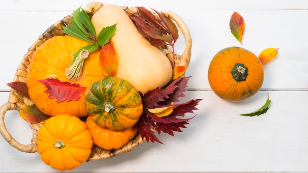 Mand met verschillende pompoenen en herfstbladeren